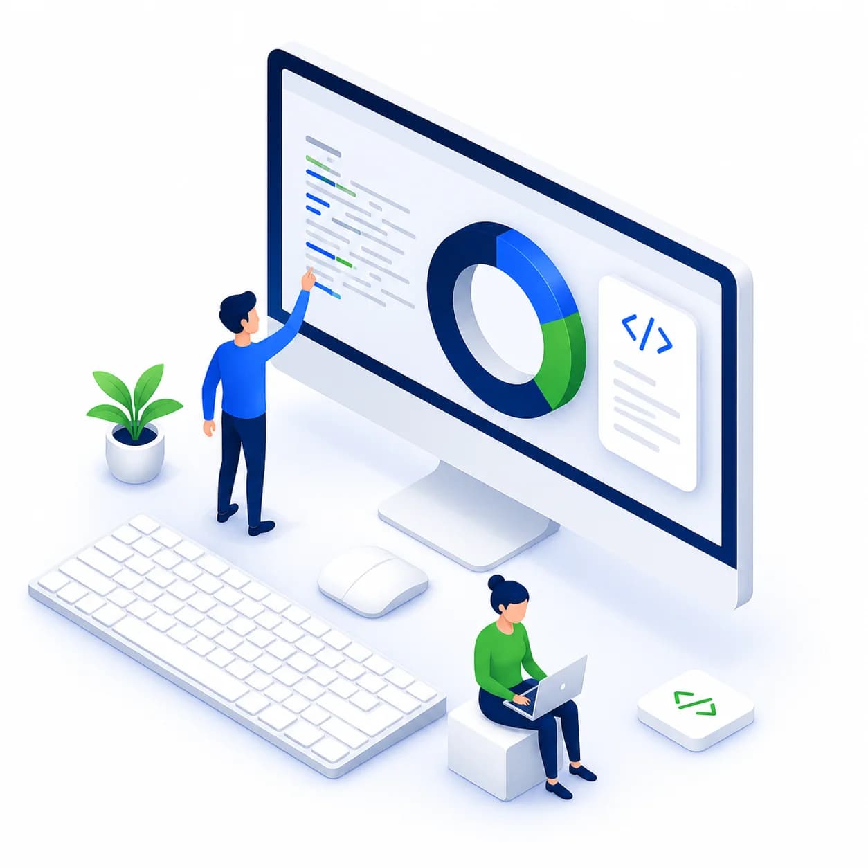 Equipe desenvolvendo software em um computador com código e indicadores